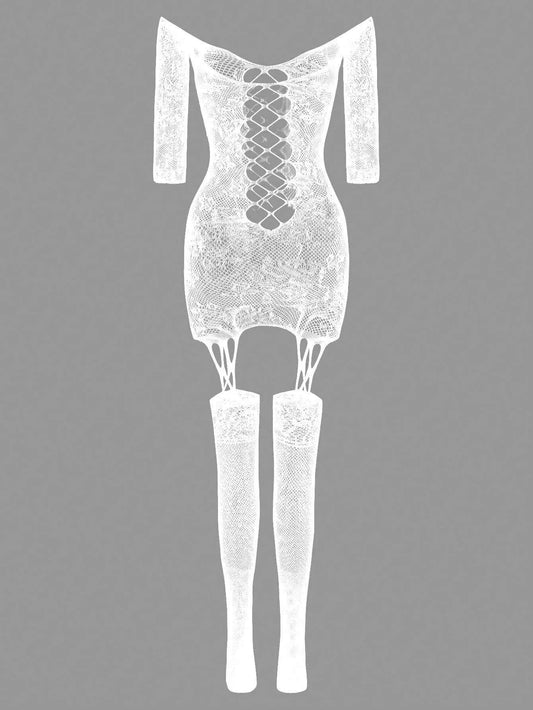 Floral Printed Bodystocking - White