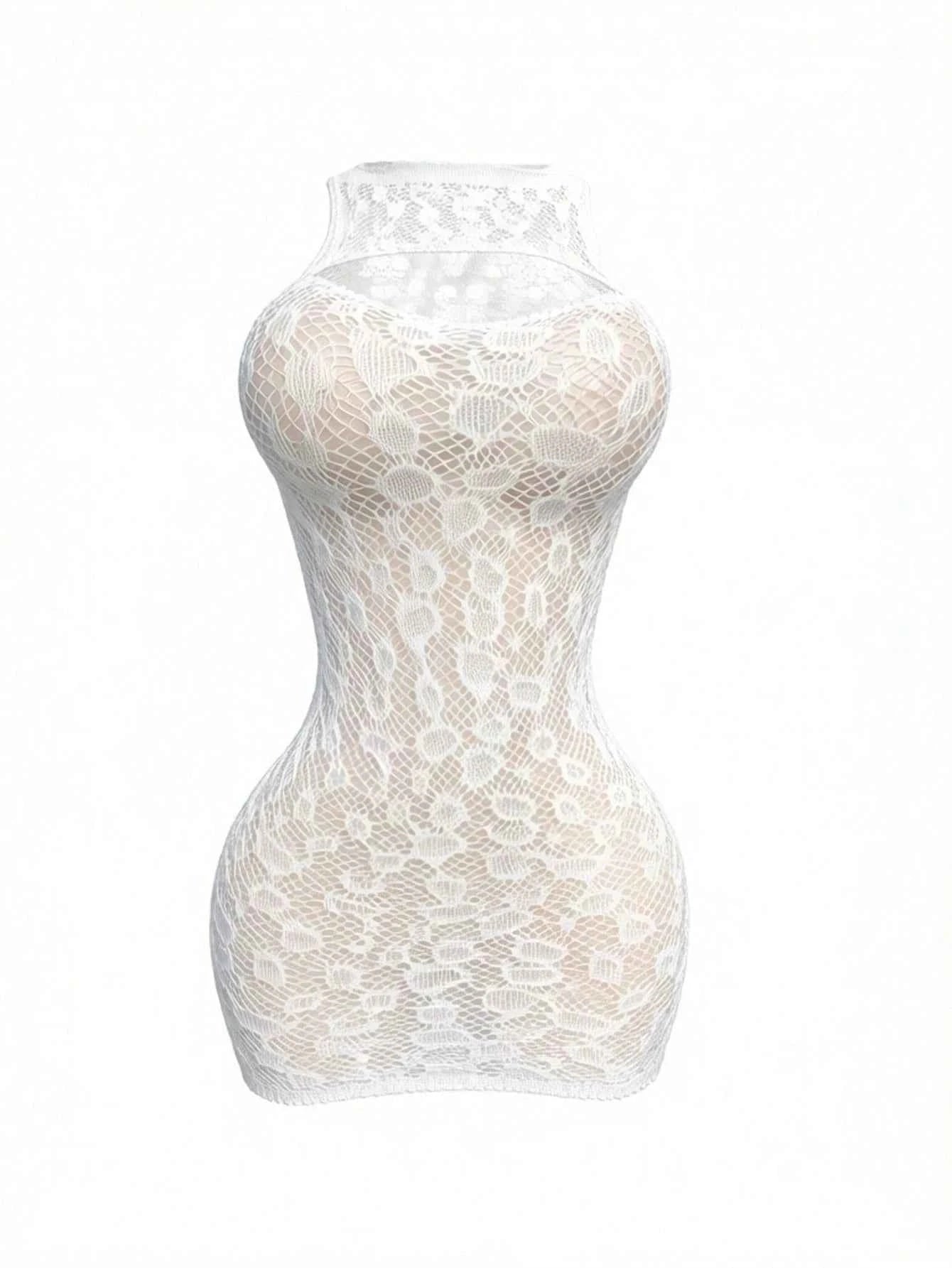 Hollow Out Sheer Mini Stocking Dress - White