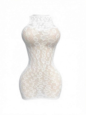 Hollow Out Sheer Mini Stocking Dress - White
