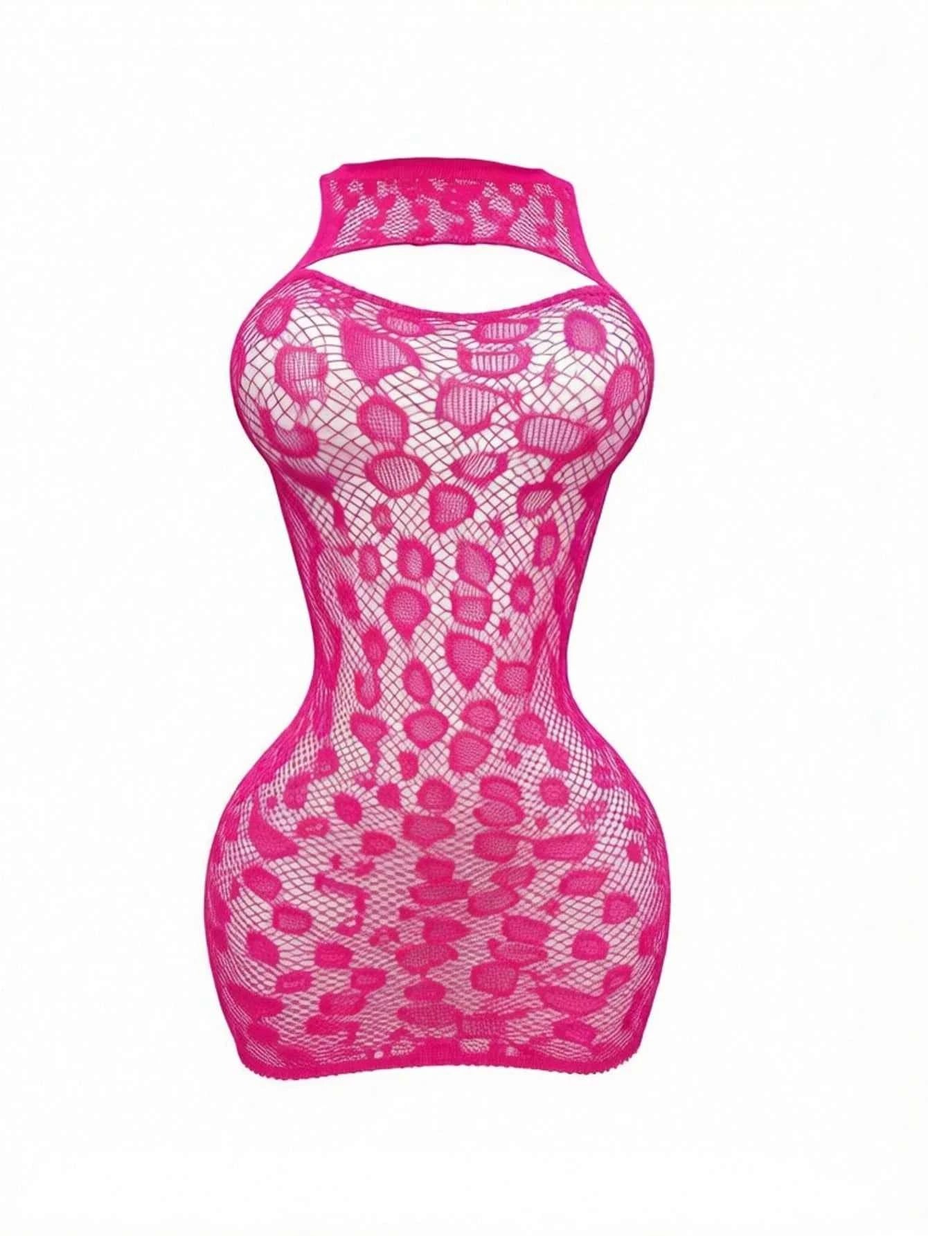 Hollow Out Sheer Mini Stocking Dress - Hot Pink