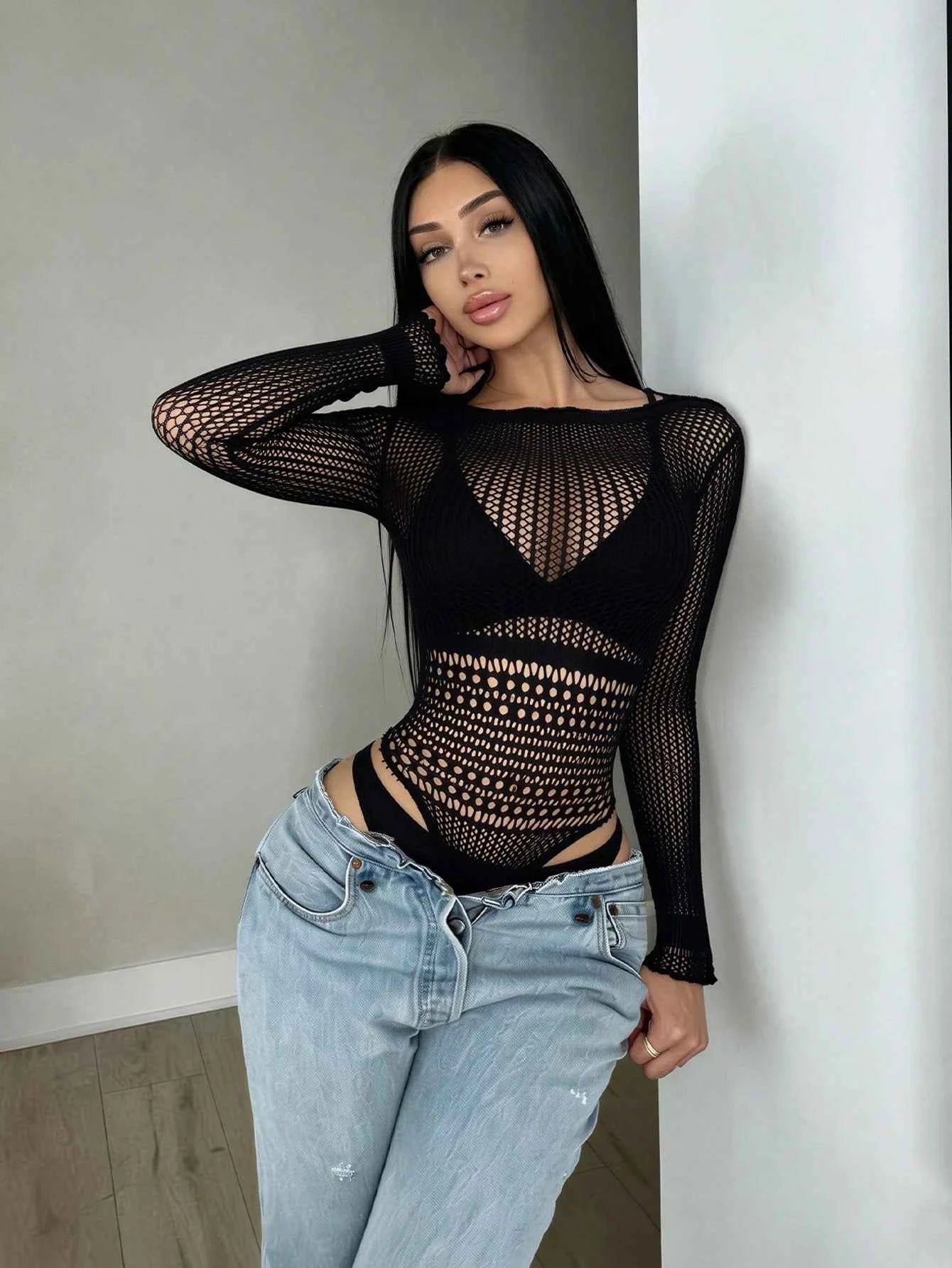 Women's Sexy Lingerie Long Sleeve Fishnet Jumpsuit, Elastic Sheer Round Neck Tight Jumpsuit Top, Clubwear