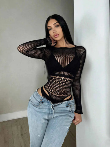 Women's Sexy Lingerie Long Sleeve Fishnet Jumpsuit, Elastic Sheer Round Neck Tight Jumpsuit Top, Clubwear