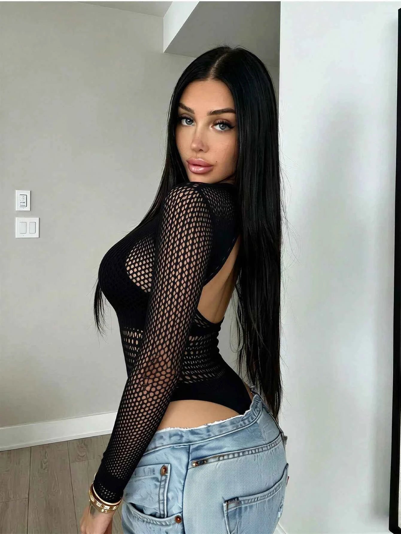 Women's Sexy Lingerie Long Sleeve Fishnet Jumpsuit, Elastic Sheer Round Neck Tight Jumpsuit Top, Clubwear