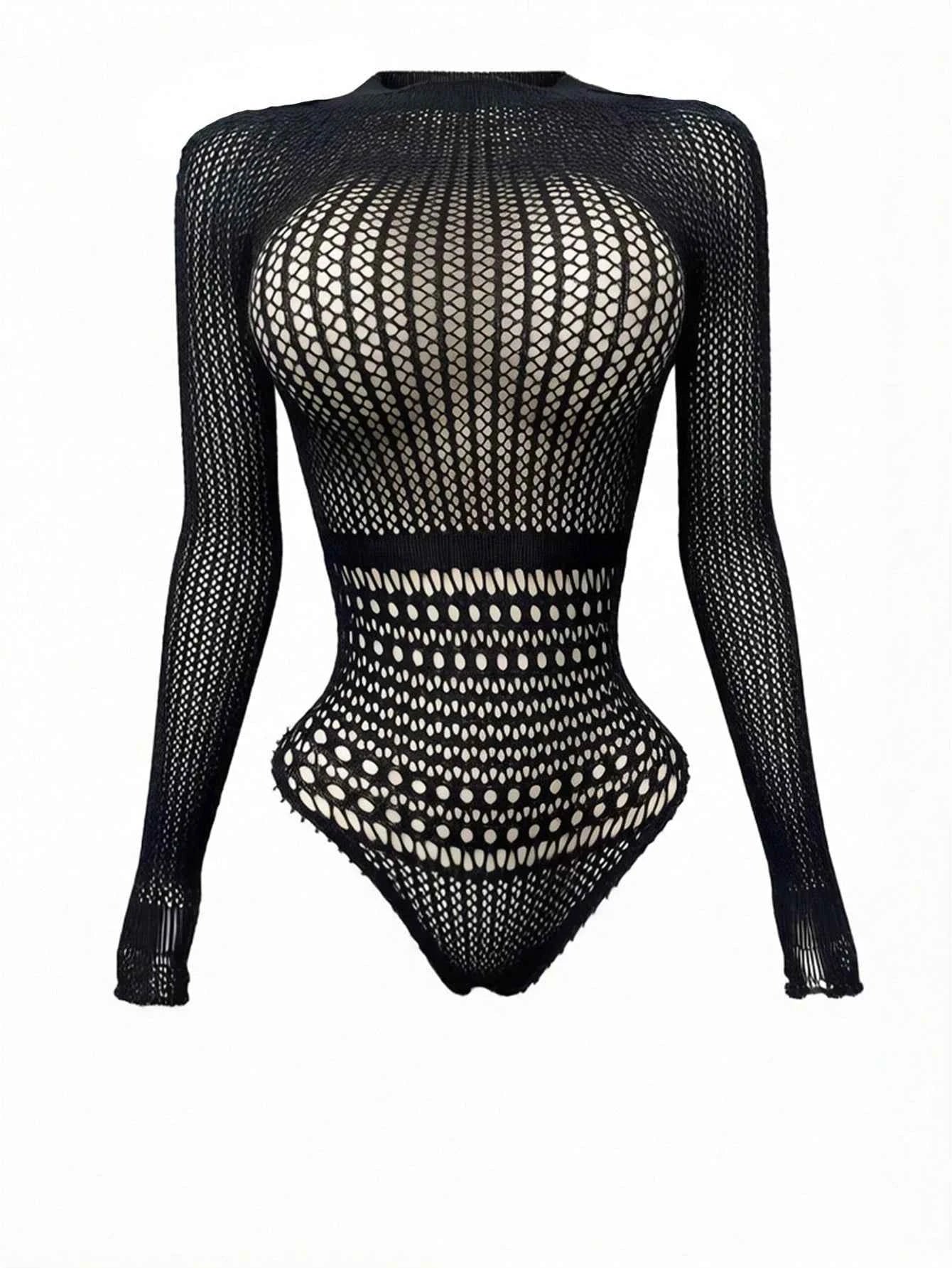 Women's Sexy Lingerie Long Sleeve Fishnet Jumpsuit, Elastic Sheer Round Neck Tight Jumpsuit Top, Clubwear
