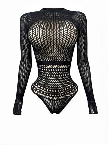 Women's Sexy Lingerie Long Sleeve Fishnet Jumpsuit, Elastic Sheer Round Neck Tight Jumpsuit Top, Clubwear