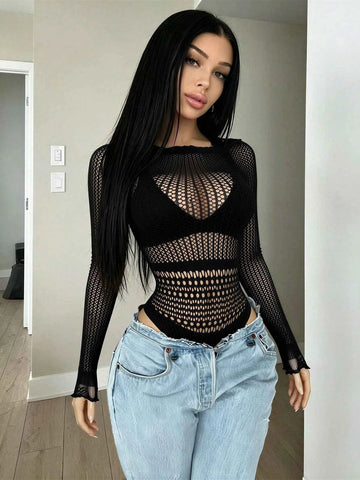 Women's Sexy Lingerie Long Sleeve Fishnet Jumpsuit, Elastic Sheer Round Neck Tight Jumpsuit Top, Clubwear