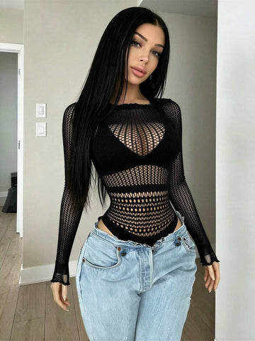 Long Sleeve Fishnet Jumpsuit Round Neck