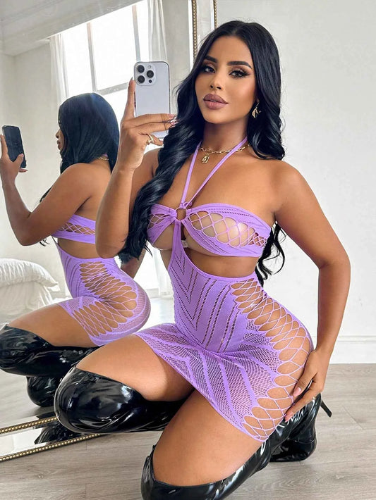 Hollow Out Sheer Halter Nightgown - Purple