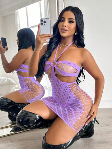 Hollow Out Sheer Halter Nightgown - Purple