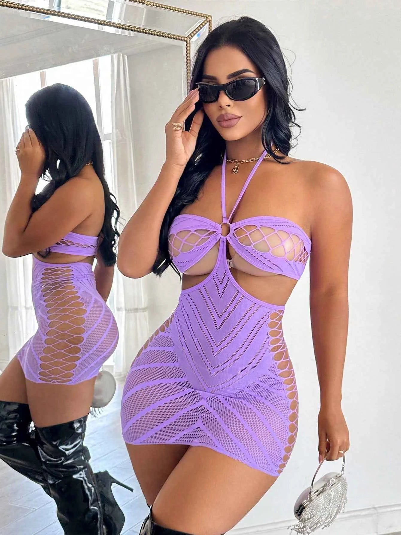 Hollow Out Sheer Halter Nightgown - Purple