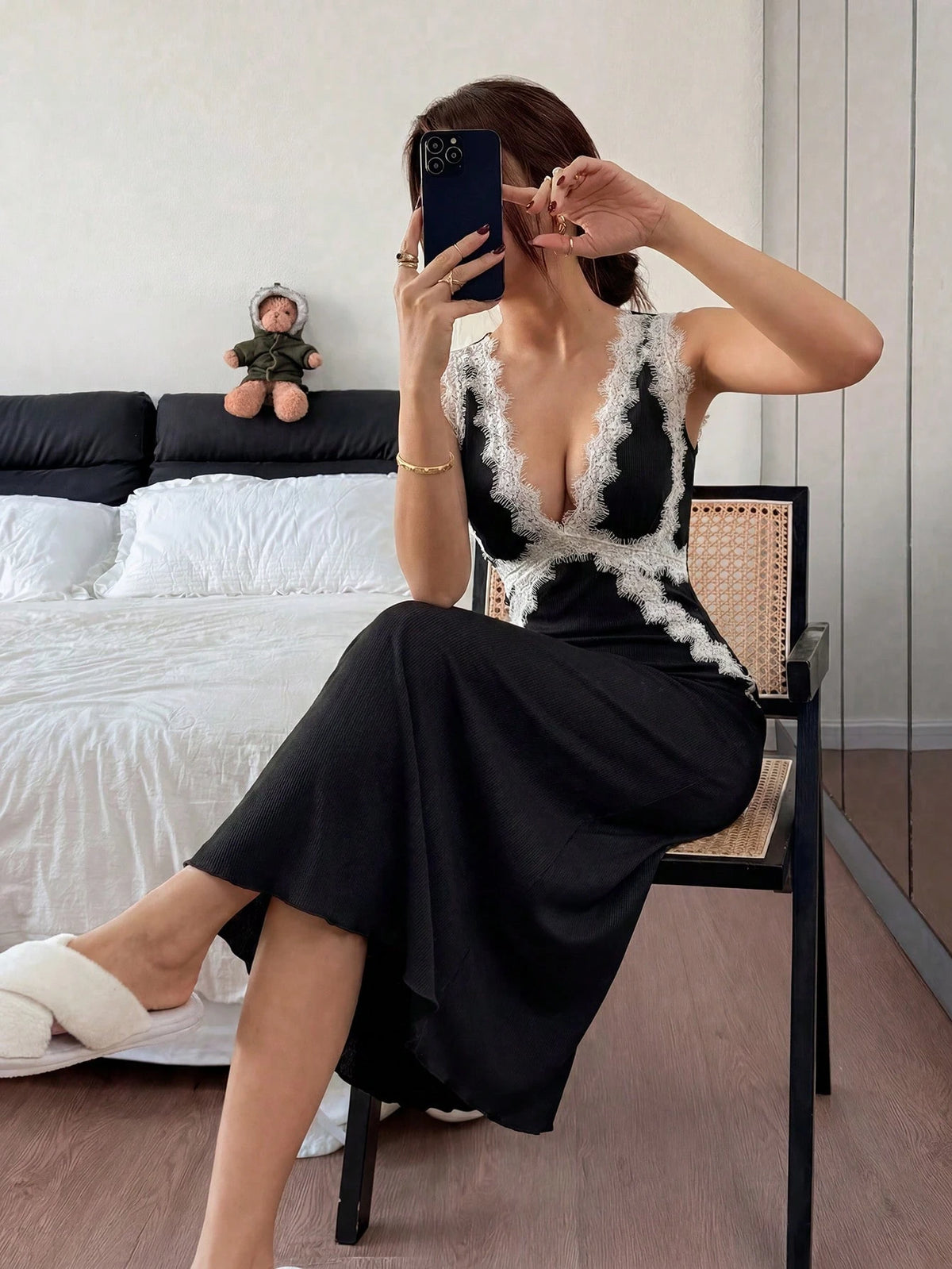 Lace Trim V-Neck Backless Long Nightie IV - TFI Lingerie Pakistan