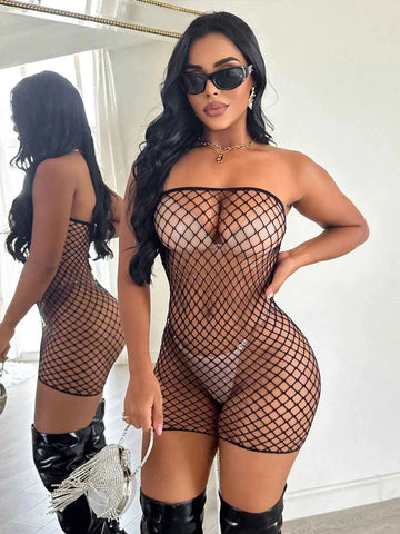 Hollow Out Fishnet Sheer Crop Top Bodysuit - Black