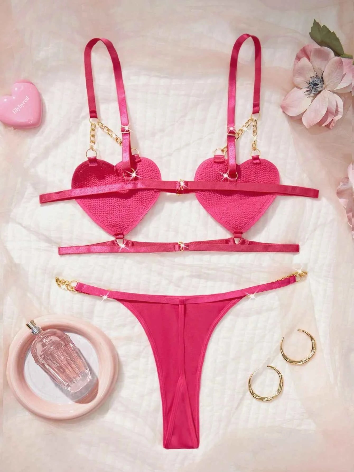 Black Metal Chain 2pc Lingerie Set with Thong