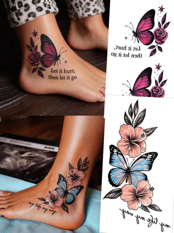 Purple Butterfly Flower Tattoo Set