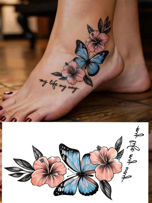 Purple Butterfly Flower Tattoo Set