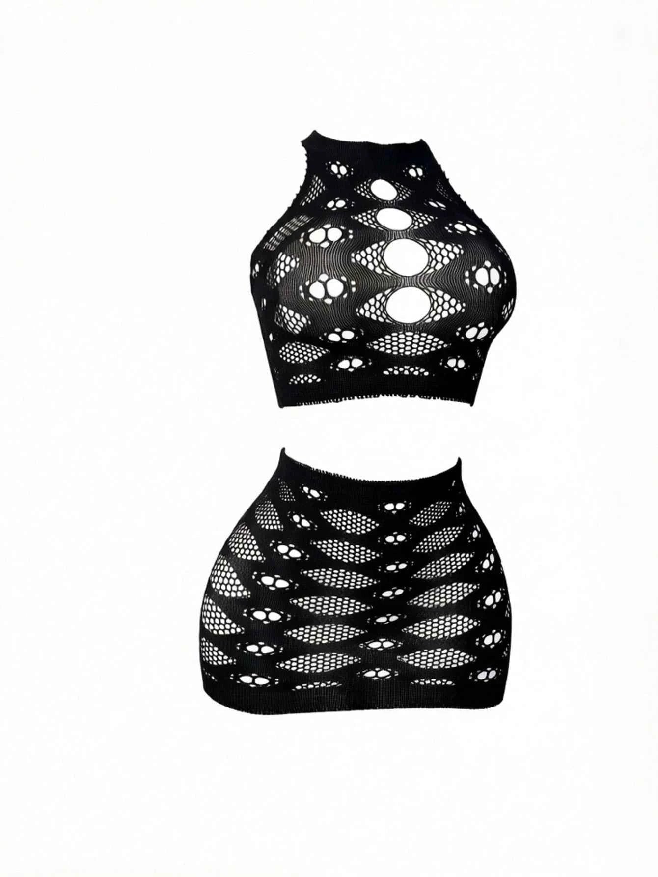 Sexy New Jacquard Hollow Out Mesh Halter Neck Lingerie Set