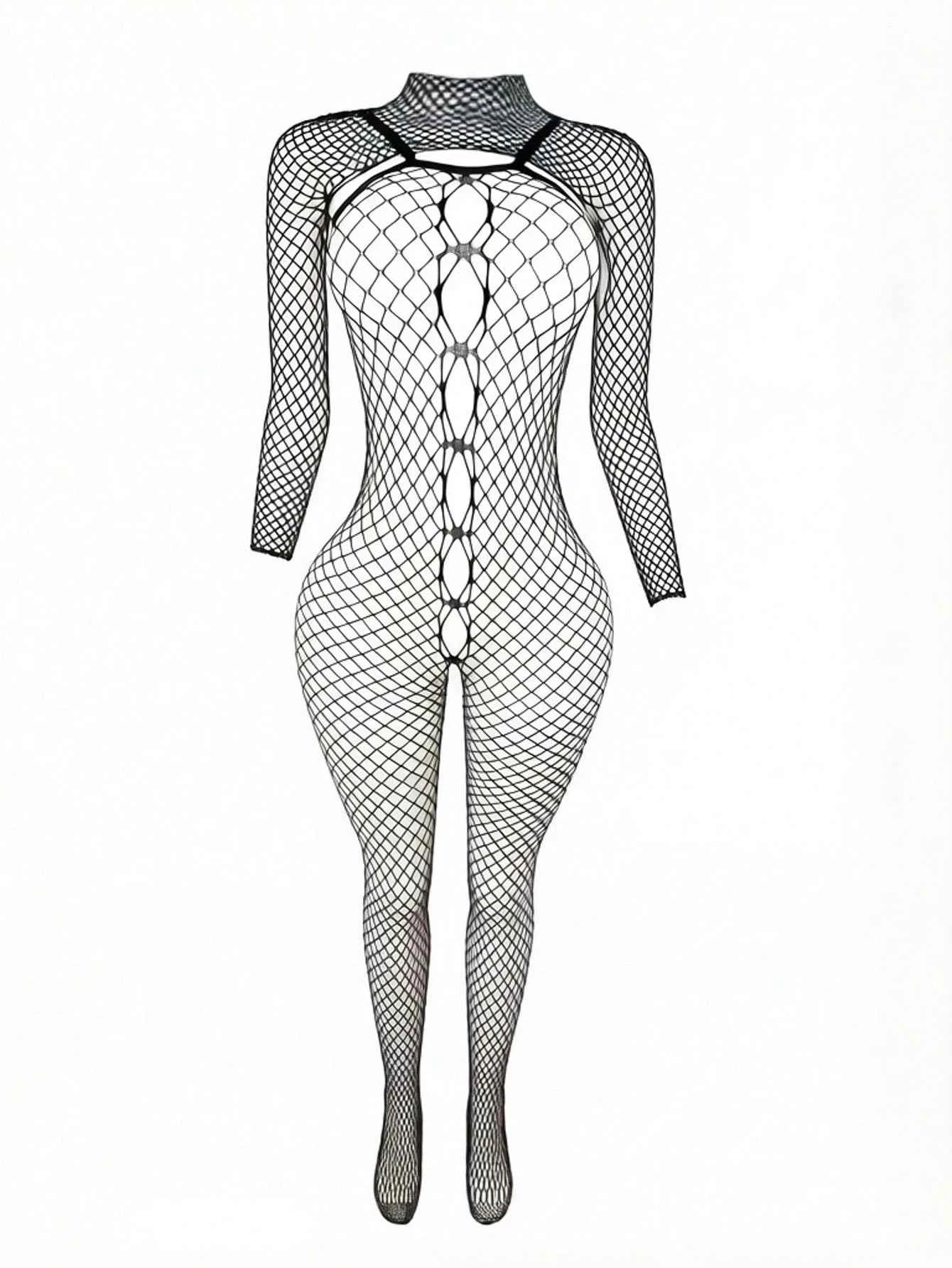 Women's Sexy Mesh Fishnet Jumpsuit, Off-Shoulder Lingerie, Tight-Fitting Dance Costume Outerwear