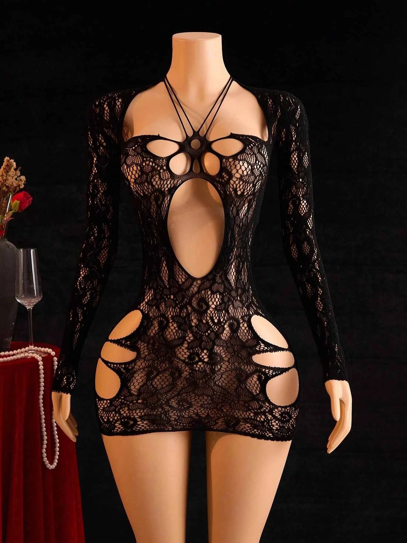 Backless Long Sleeve Floral Cutout Nightgown