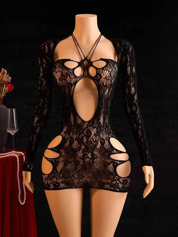 Backless Long Sleeve Floral Cutout Nightgown