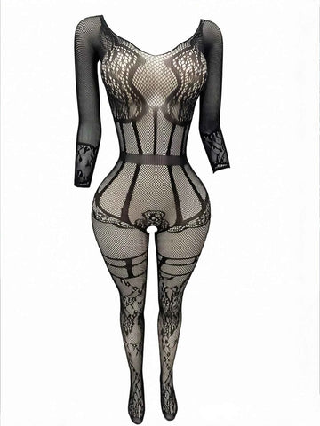 Hot Fix Sexy Lingerie With Camisole Jumpsuit, Jacquard Open Style Fun Online Clothing Bikini Cover-Up Fishnets Dancewear
