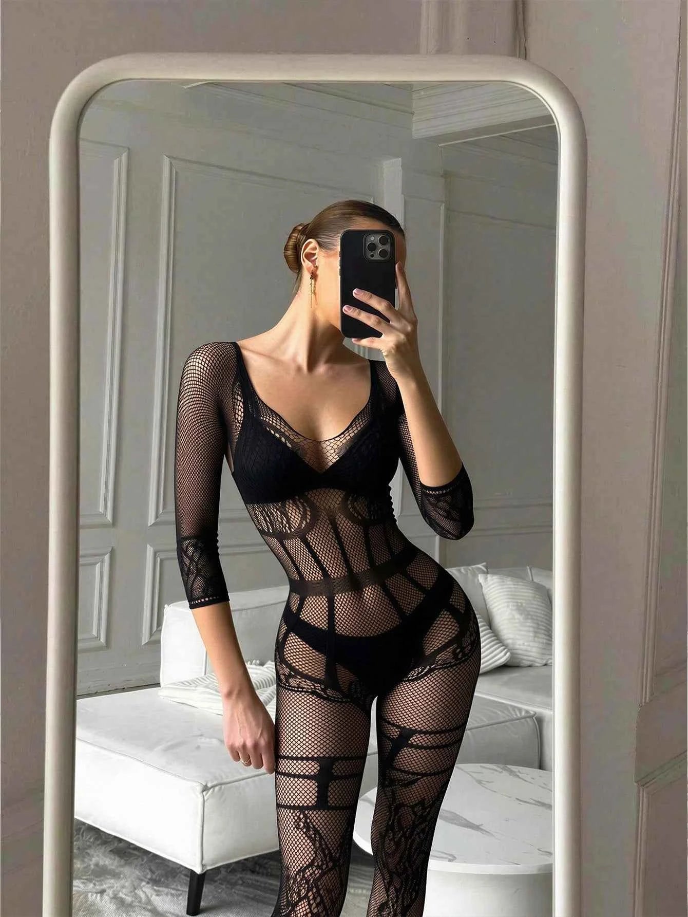 Hot Fix Sexy Lingerie With Camisole Jumpsuit, Jacquard Open Style Fun Online Clothing Bikini Cover-Up Fishnets Dancewear