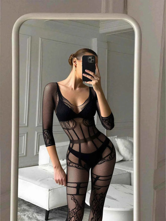 Hot Fix Sexy Lingerie With Camisole Jumpsuit, Jacquard Open Style Fun Online Clothing Bikini Cover-Up Fishnets Dancewear