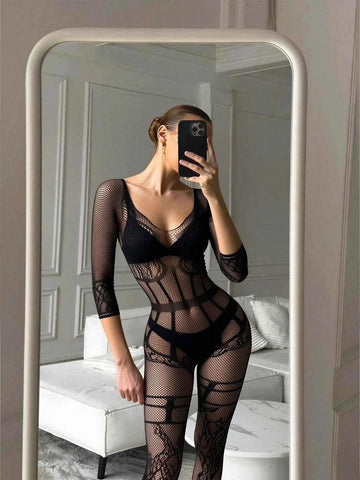Hot Fix Sexy Lingerie With Camisole Jumpsuit, Jacquard Open Style Fun Online Clothing Bikini Cover-Up Fishnets Dancewear