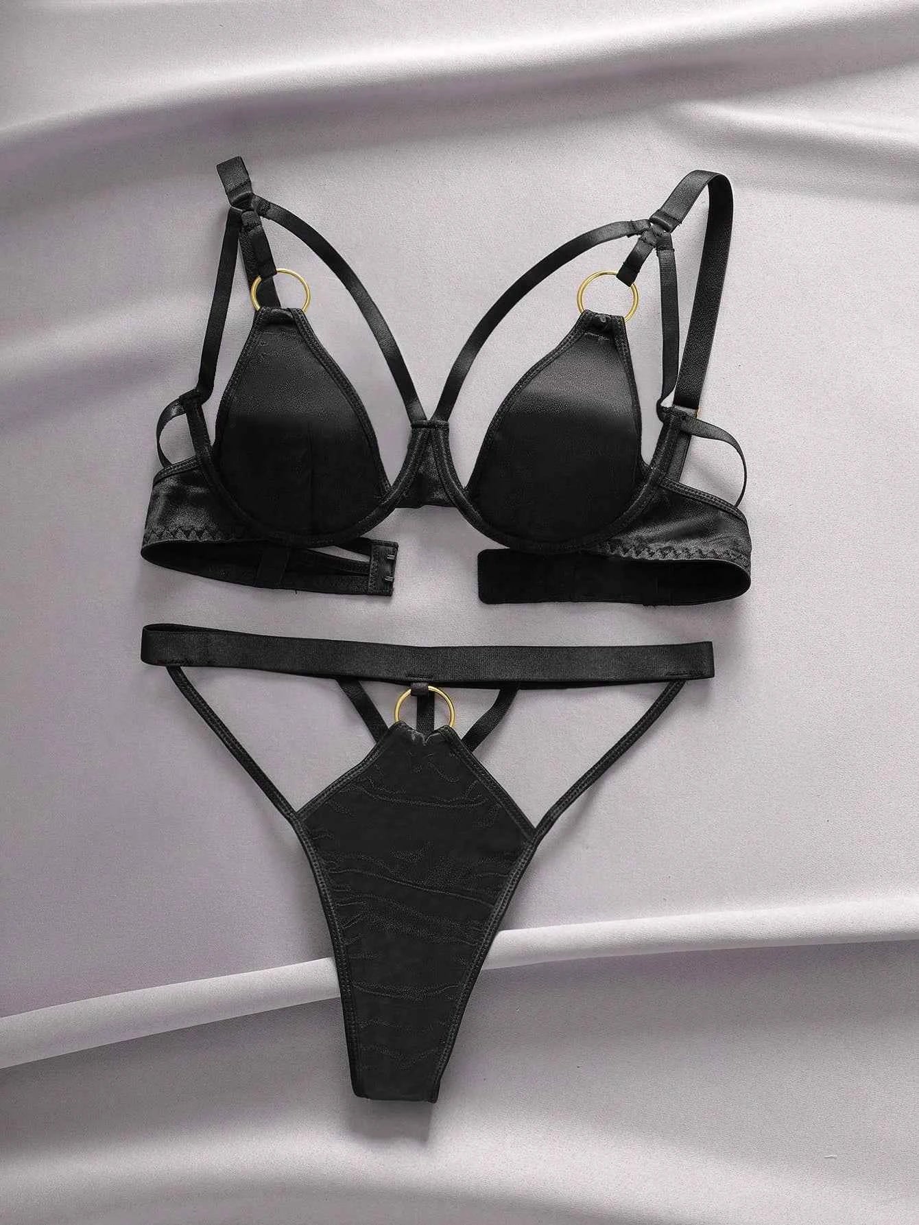 Black Satin Lingerie Set with Gold Ring Strap Harness Detail