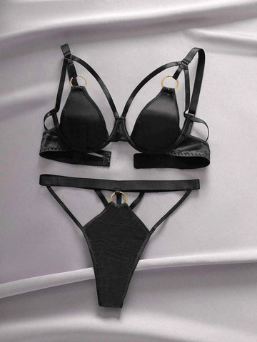 Black Satin Lingerie Set with Gold Ring Strap Harness Detail
