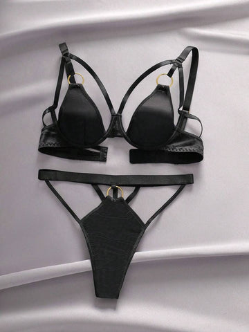 Black Satin Lingerie Set with Gold Ring Strap Harness Detail