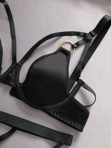 Black Satin Lingerie Set with Gold Ring Strap Harness Detail