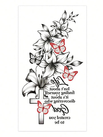 Black Floral Butterfly Cross Tattoo Sticker