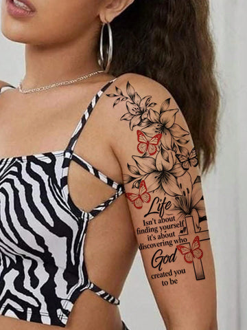 Black Floral Butterfly Cross Tattoo Sticker