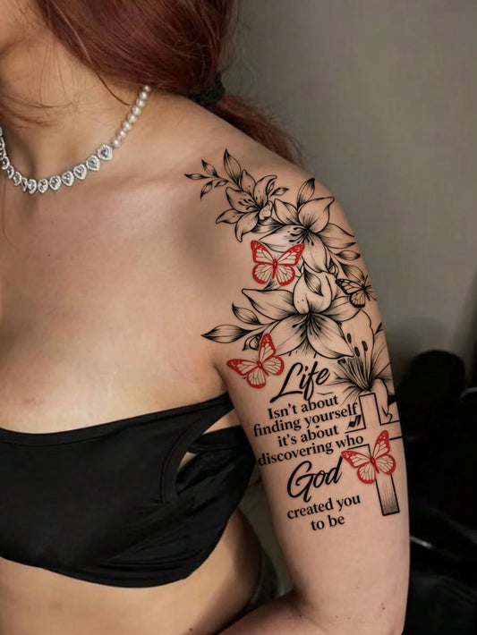 Black Floral Butterfly Cross Tattoo Sticker