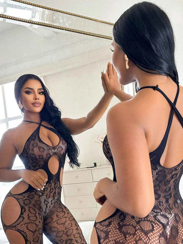 Leopard Print Hollow Out Fishnet Jumpsuit