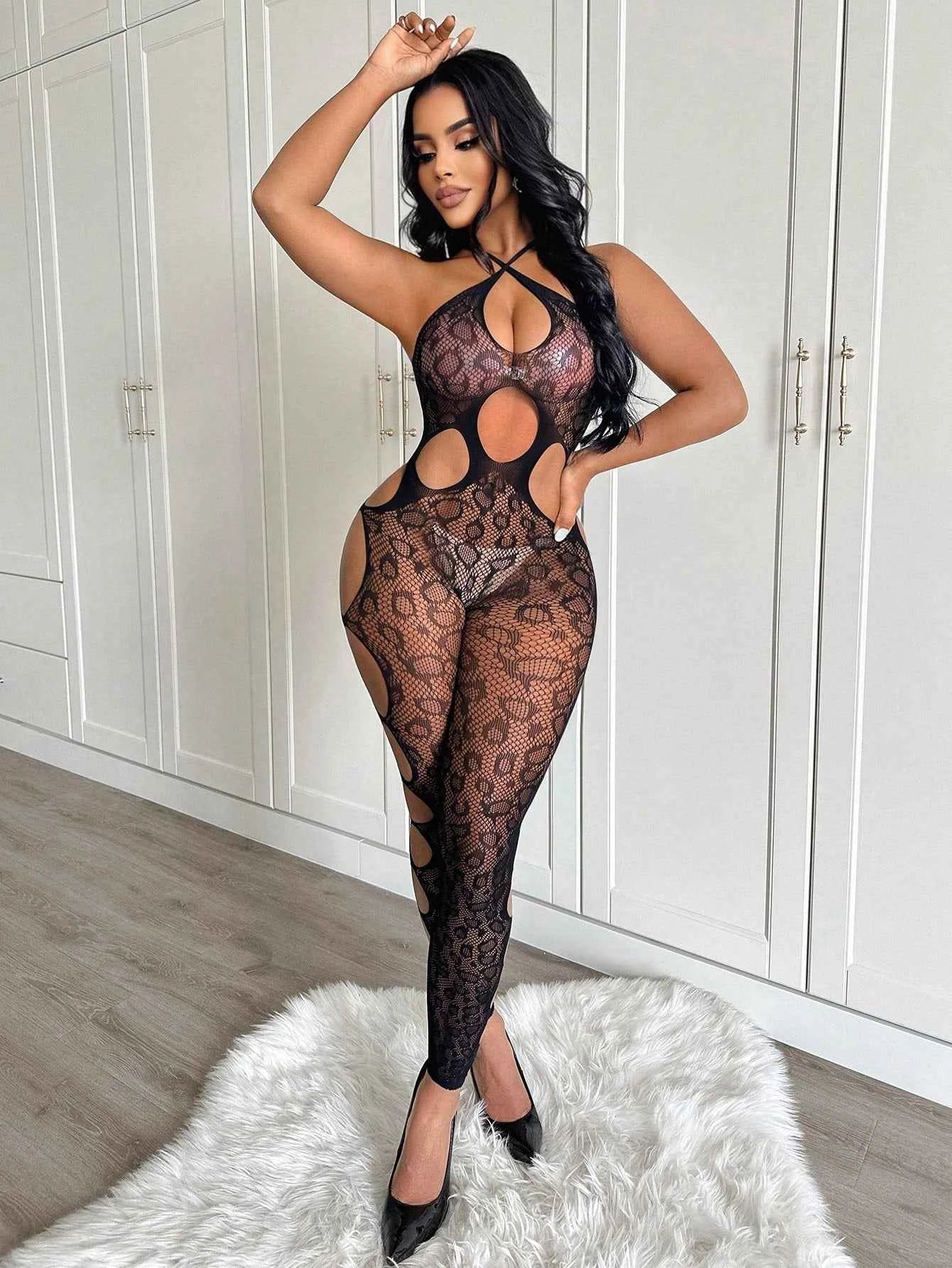 Leopard Print Hollow Out Fishnet Jumpsuit