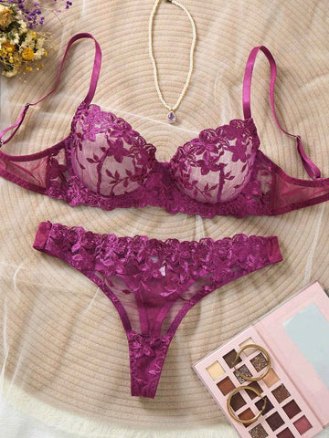 Magenta Velvet Lace Lingerie Set with Pearl Strap Accent