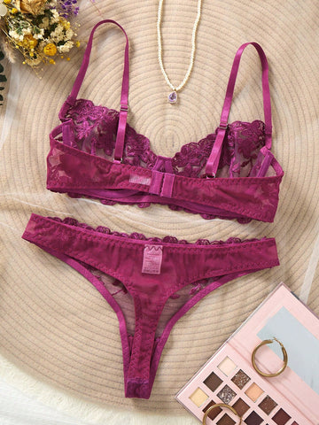 Magenta Velvet Lace Lingerie Set with Pearl Strap Accent