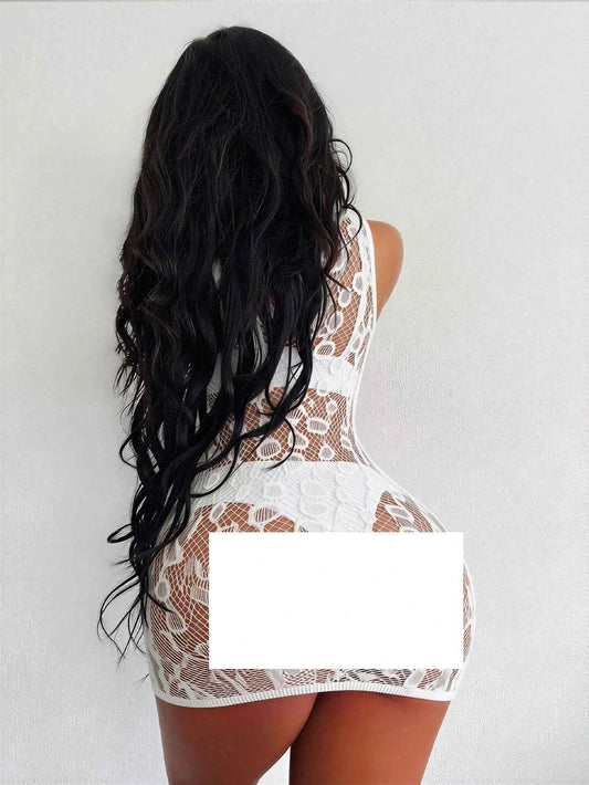 Hollow Out Sheer Mini Stocking Dress - White