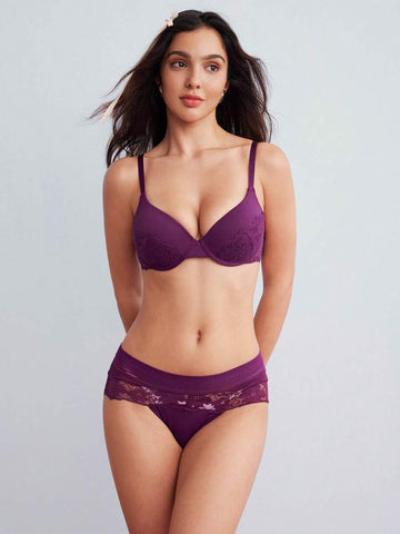 Plum Lace-Trim Padded Patchwork Lingerie Set