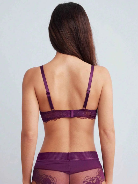 Plum Lace-Trim Padded Patchwork Lingerie Set