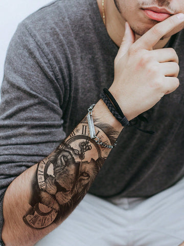 Lion Clock Arm Tattoo Sticker