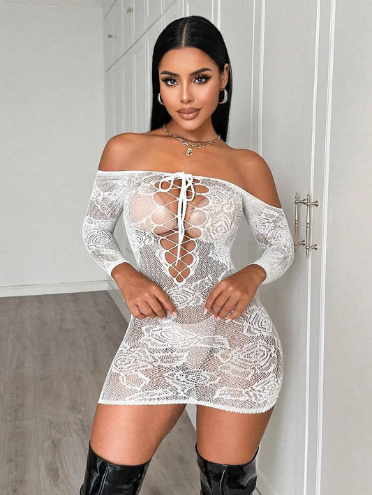 Criss-Cross Strap Off-Shoulder Bodycon Set - Beige