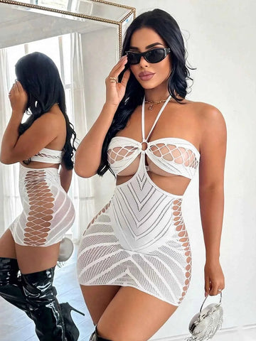 Cut-Out Halter Neck Mesh Dress Loungewear - White