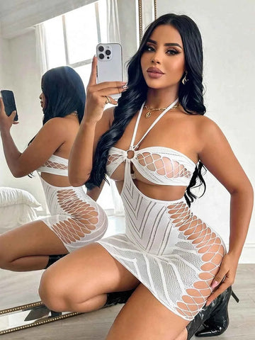 Cut-Out Halter Neck Mesh Dress Loungewear - White
