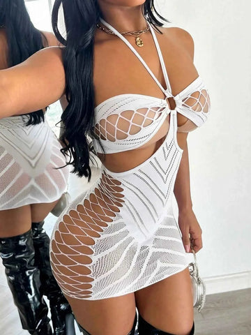 Cut-Out Halter Neck Mesh Dress Loungewear - White
