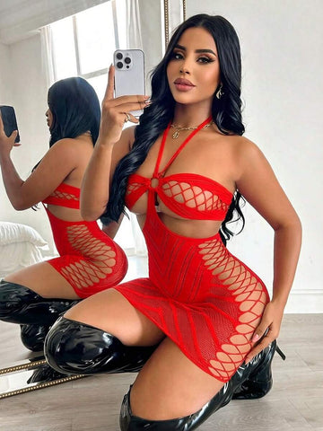 Hollow Out Bodycon Mesh Dress Loungewear - Red