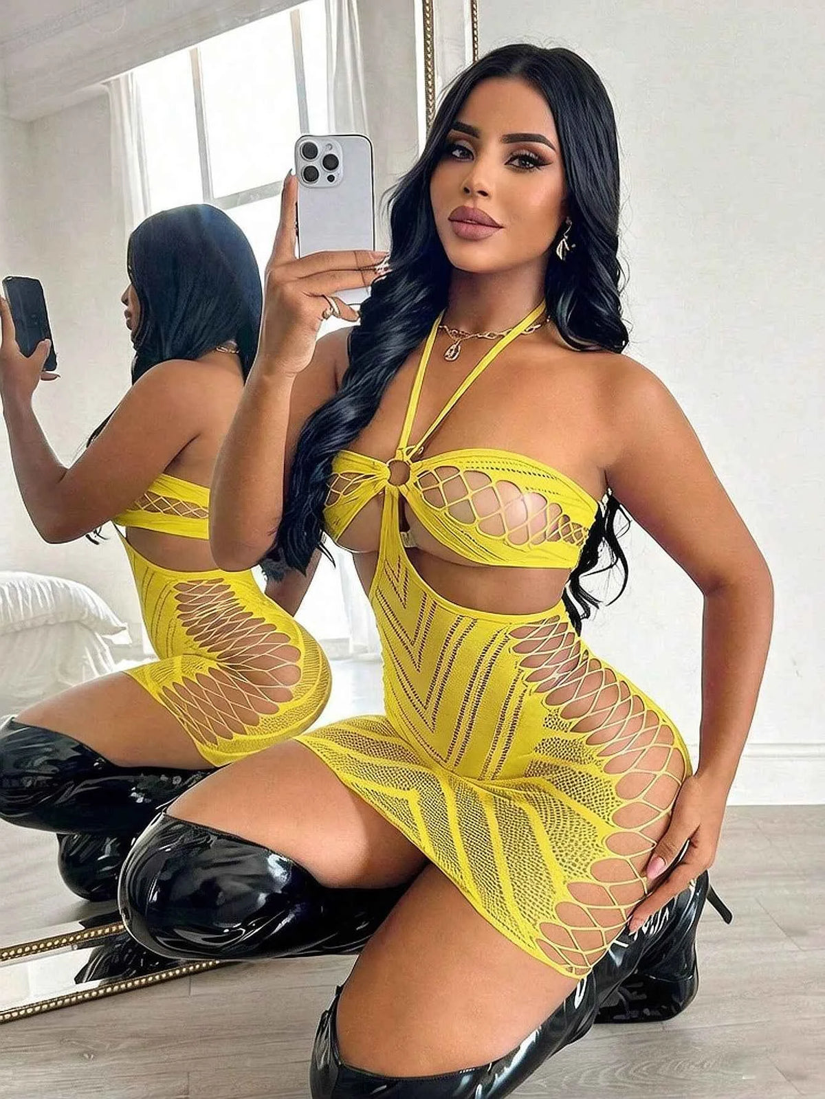 Hollow Out Backless Halter Mini Nightgown - Yellow