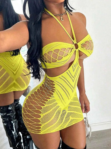 Hollow Out Backless Halter Mini Nightgown - Yellow