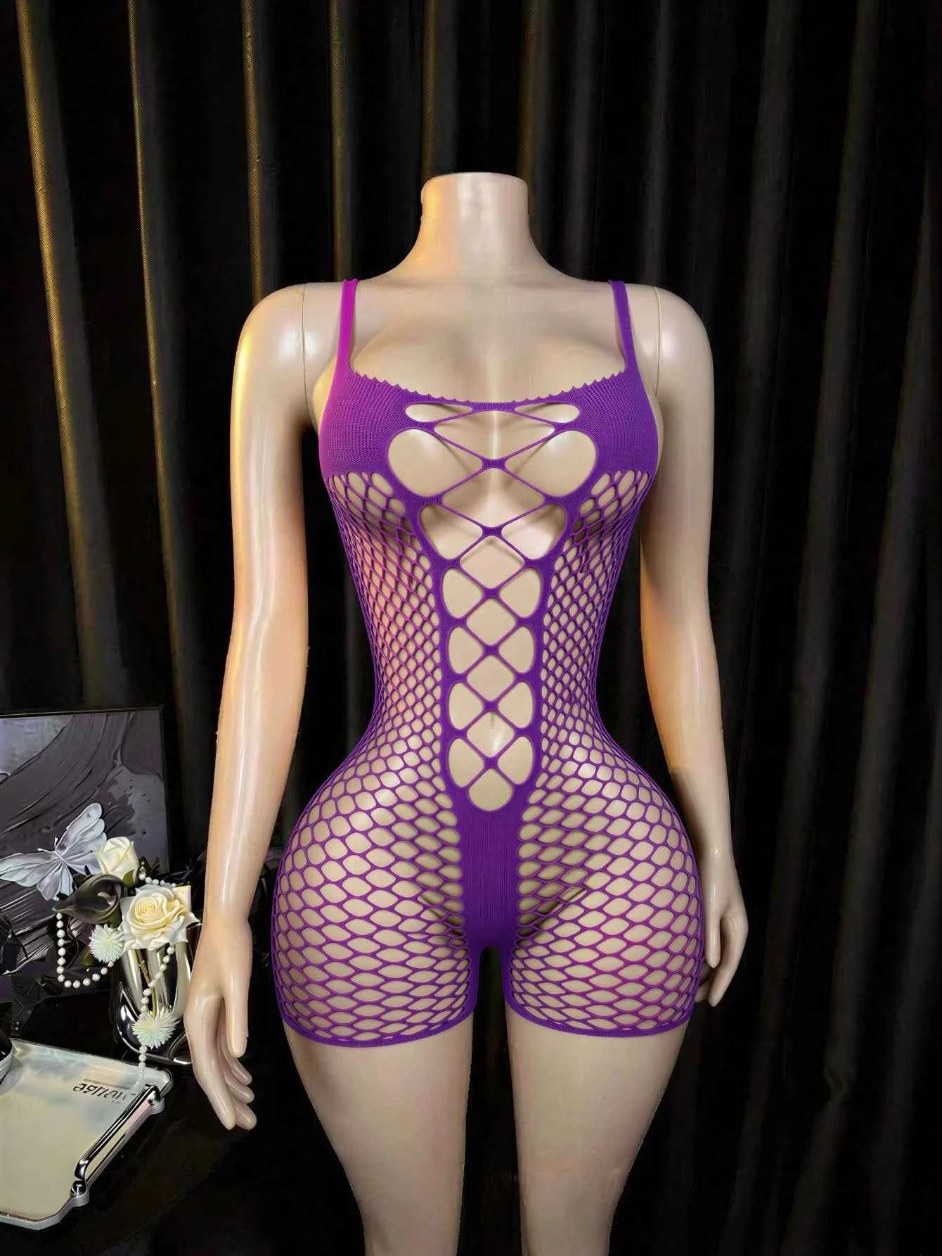 Fishnet Teddy Jumpsuit Mesh Camisole - Purple